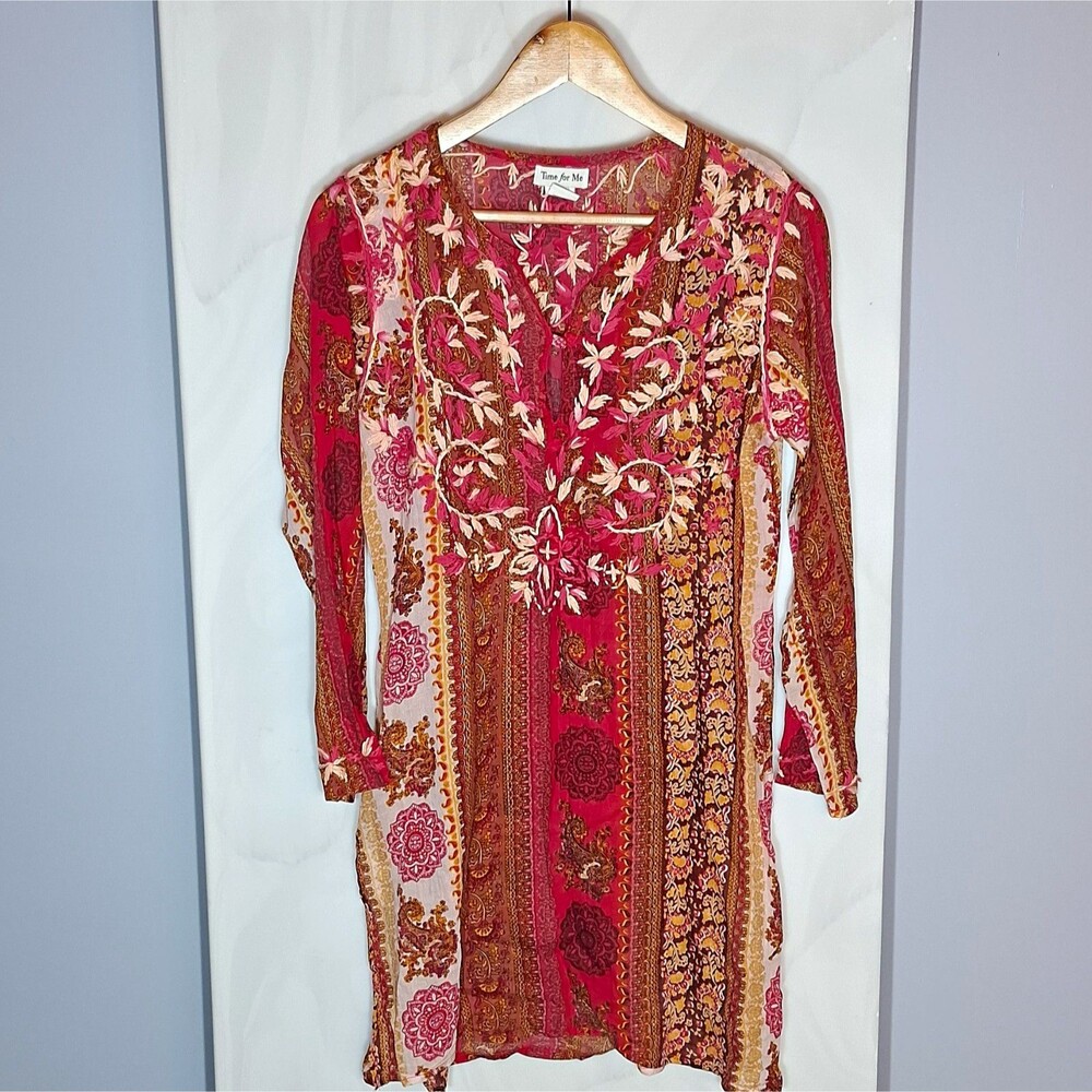 Womens Boho Embroidered Tunic Top M Pink Paisley Sheer Rayon Festival Hippie